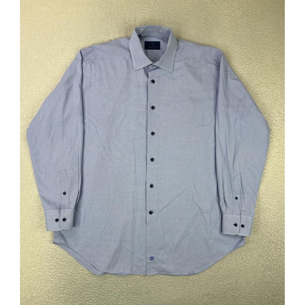 David Donahue Mens 17.5 34/35 Blue Check Regular Fit Cotton Dress Shirt